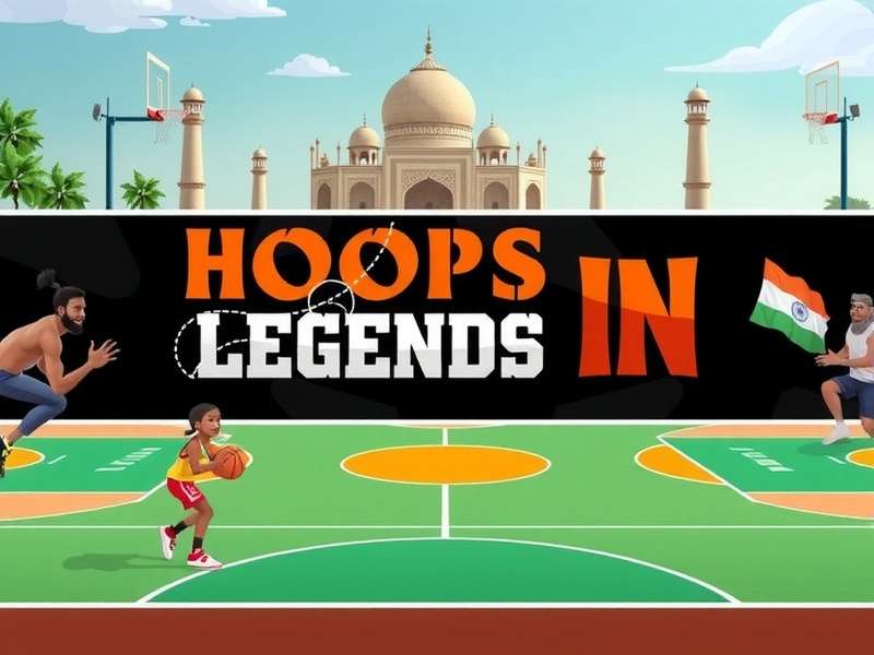 Hoops Legends IN game banner featuring Indian basketball courts and regional characters