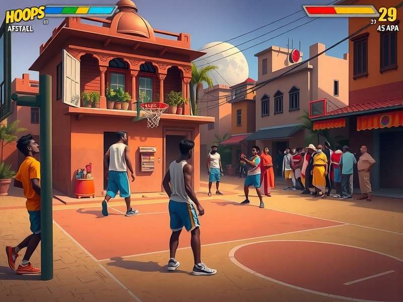 Hoops Legends IN in-game street court with Indian neighborhood backdrop, chai stall, and local crowd