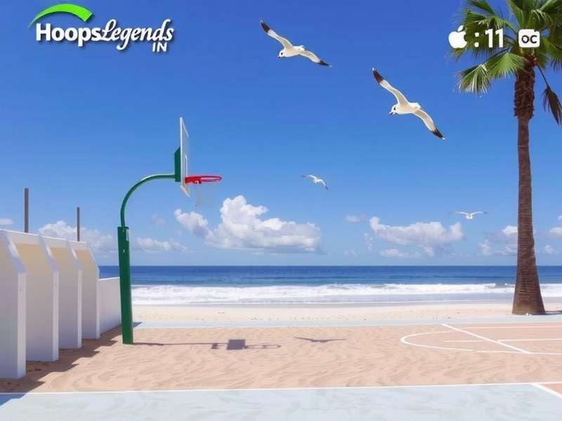 Hoops Legends IN Marina Beach Court with sandy surface, ocean view, and seagulls flying