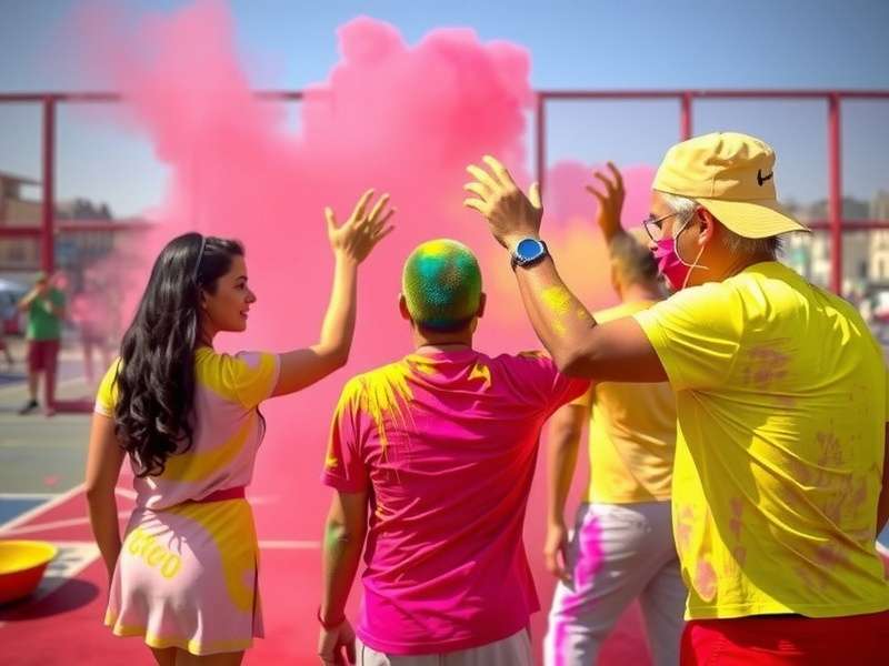 Hoops Legends IN Holi Hustle event with characters covered in colored powder, court decorated with Holi elements