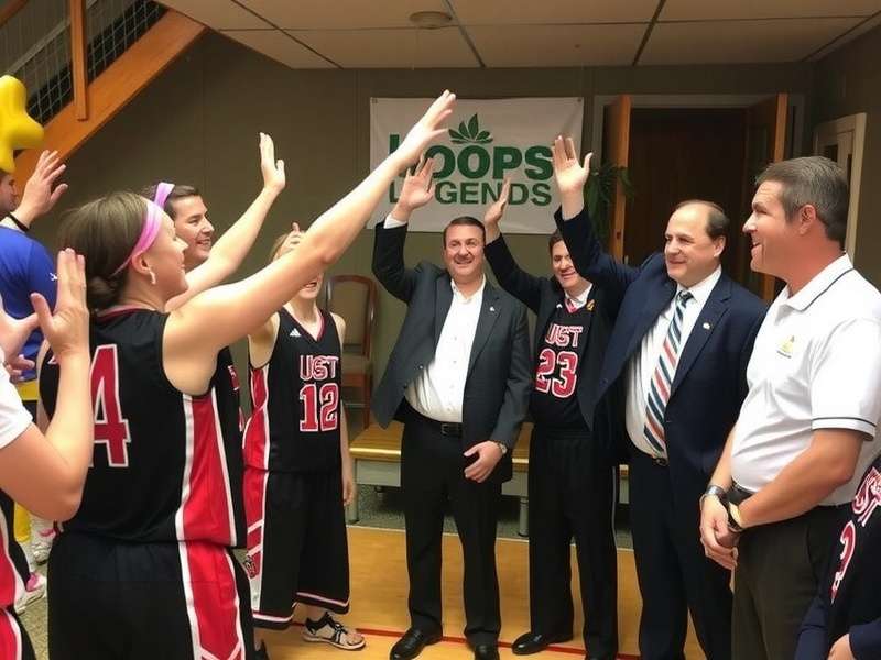 Hoops Legends IN team celebrating a win with high-fives and local cheers